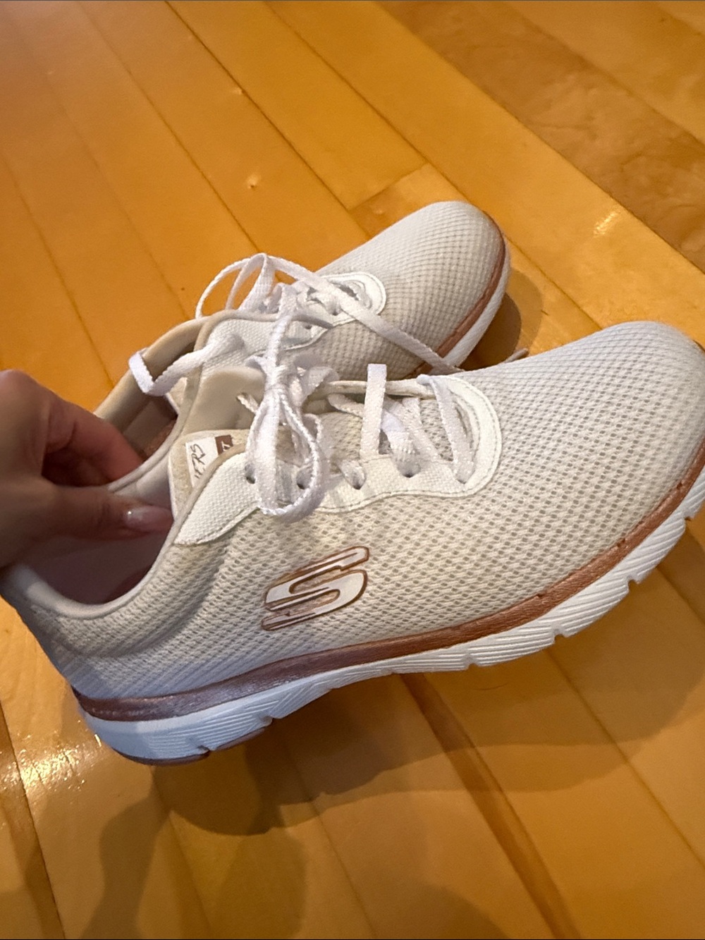 Skechers Women's White Sneakers with Rose Gold Trim